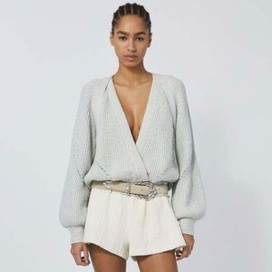 NWOT IRO PARIS Dorrin V Neck Sweater Wrap Collar Pointelle Balloon Sleeves